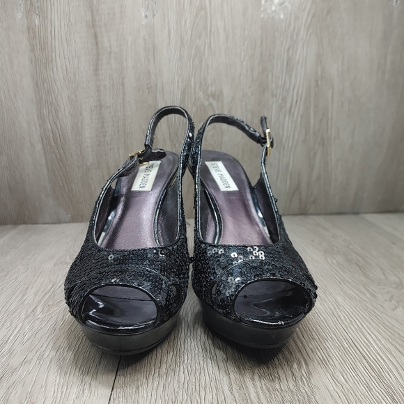 Steve Madden Heels Peep Toe Slingback Black Sequin Party Shoes‎ Creemms 4"  7.5 - Picture 3 of 11